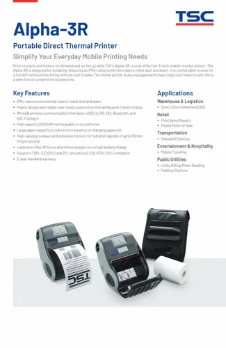 Tsc Alpha 3r Portable Bluetooth Printer