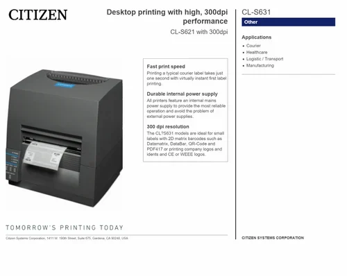 Citizen Cl S631 Barcode Label Printer